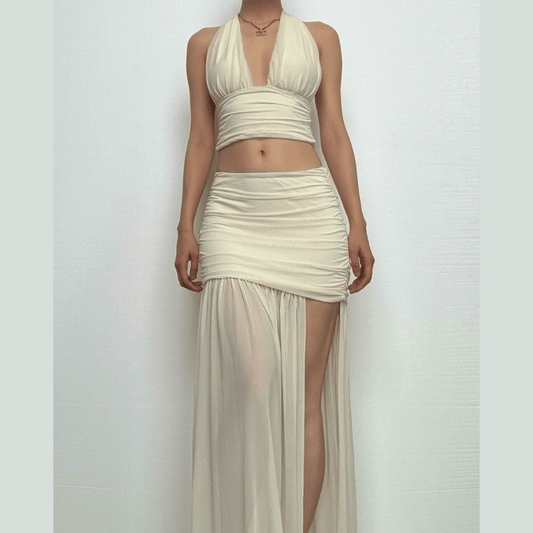 Halter ruched deep v neck high slit mesh maxi skirt set