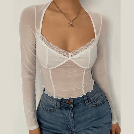 Hem lace ruffled long sleeve mesh crop top