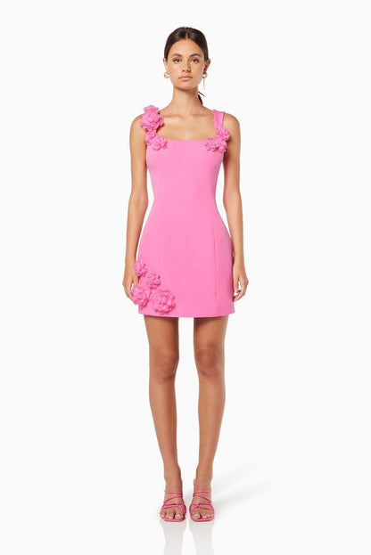 Solid Color 3D Floral Strap Mini Dress