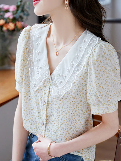 Ava Elegant Doll Collar Floral Beaded Chiffon Top