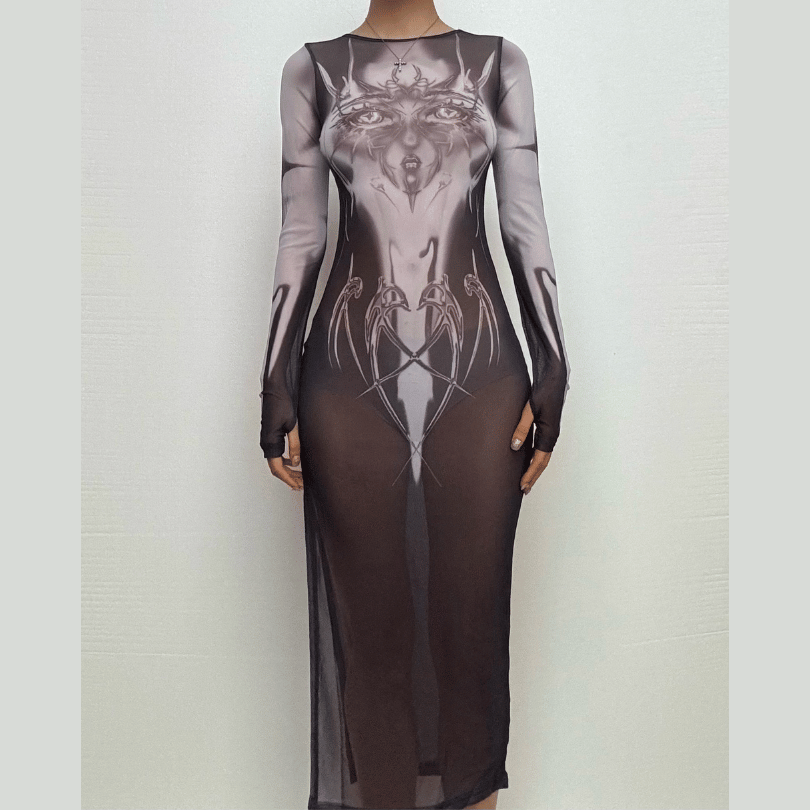 Long sleeve sheer mesh print midi dress