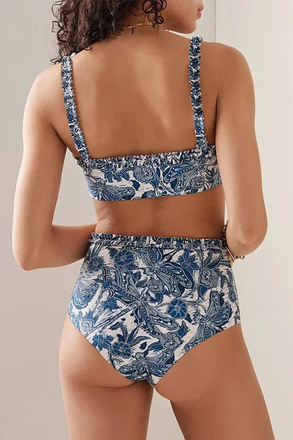 Blue Dragonfly Ruffle Skirt Swimsuit Set