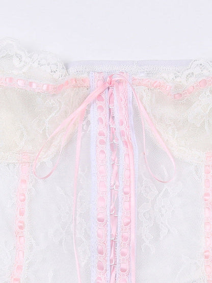 Lace Contrast Color Lace Up Tube Corset Top