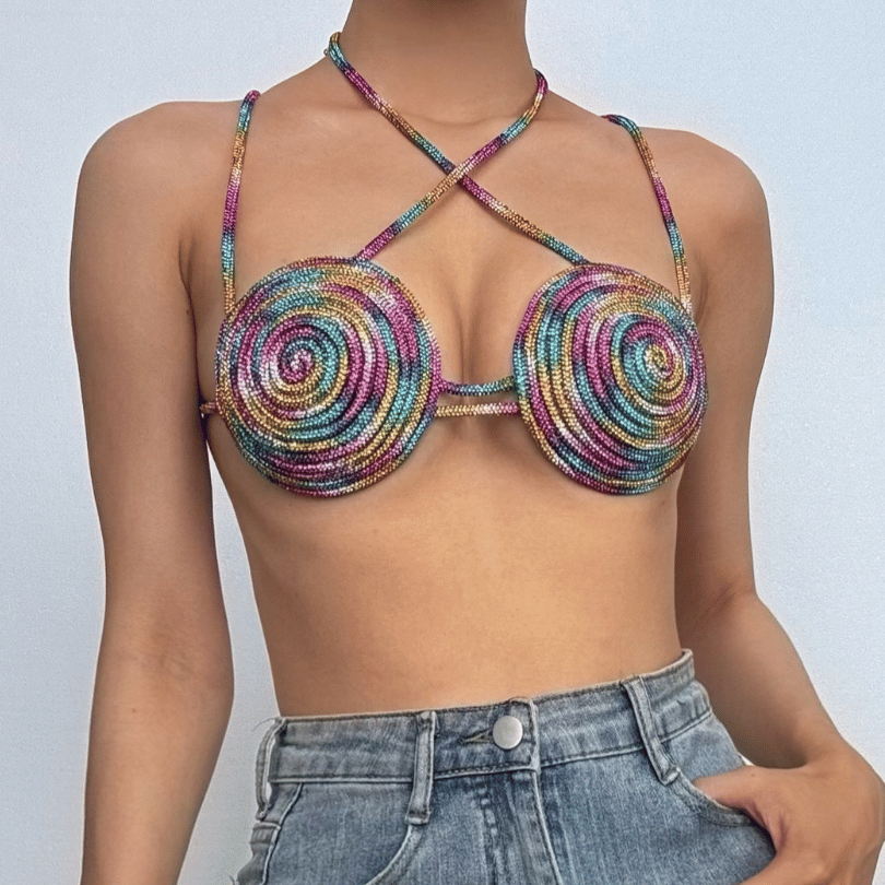 Halter beaded metal chain contrast bra top