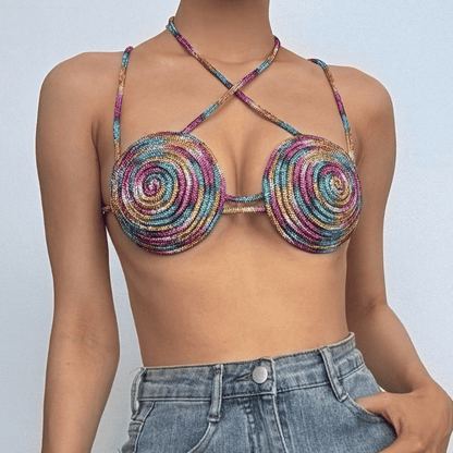 Halter beaded metal chain contrast bra top