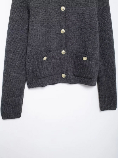 Gold Decorated Row Button Short Knitted Cardigan