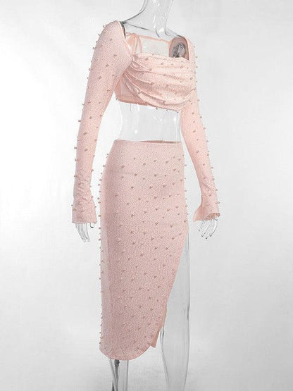 Pearl Beaded Crop Top & Sheath Skirt Coord Set