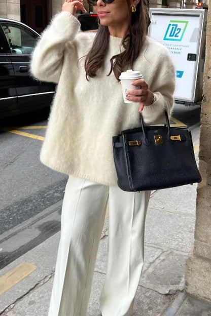 Casual Solid Crewneck Pullover Sweater