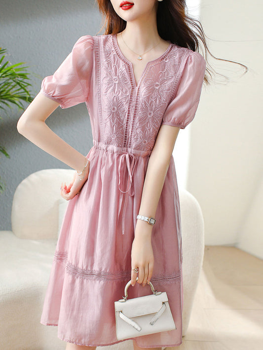 Hannah Classic V-Neck Embroidered Patchwork Dress