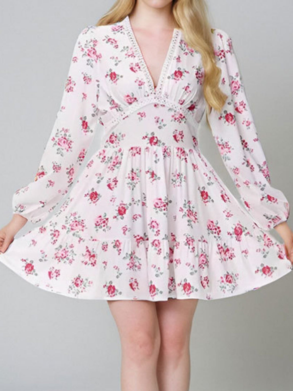 Floral Lace Deep V-neck Waist Puff Sleeve Sweet Mini&Short Dresses