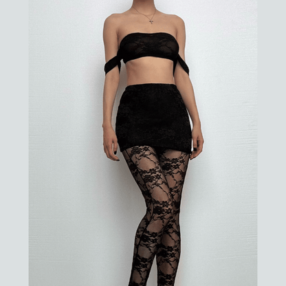 Off shoulder lace see through solid pant set