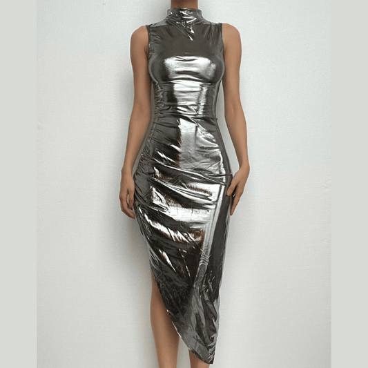 Metallic irregular high neck sleeveless ruched midi dress