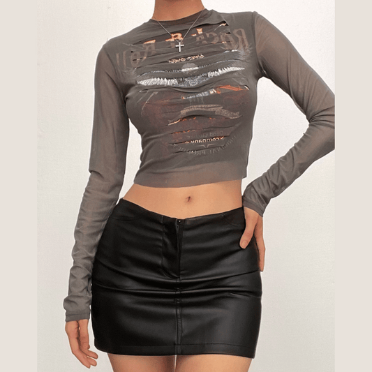 Long sleeve crewneck eagle print mesh top
