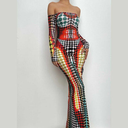 Off Shoulder Optical Illusion Dot Print Long Sleeve Bodycon Maxi Dress