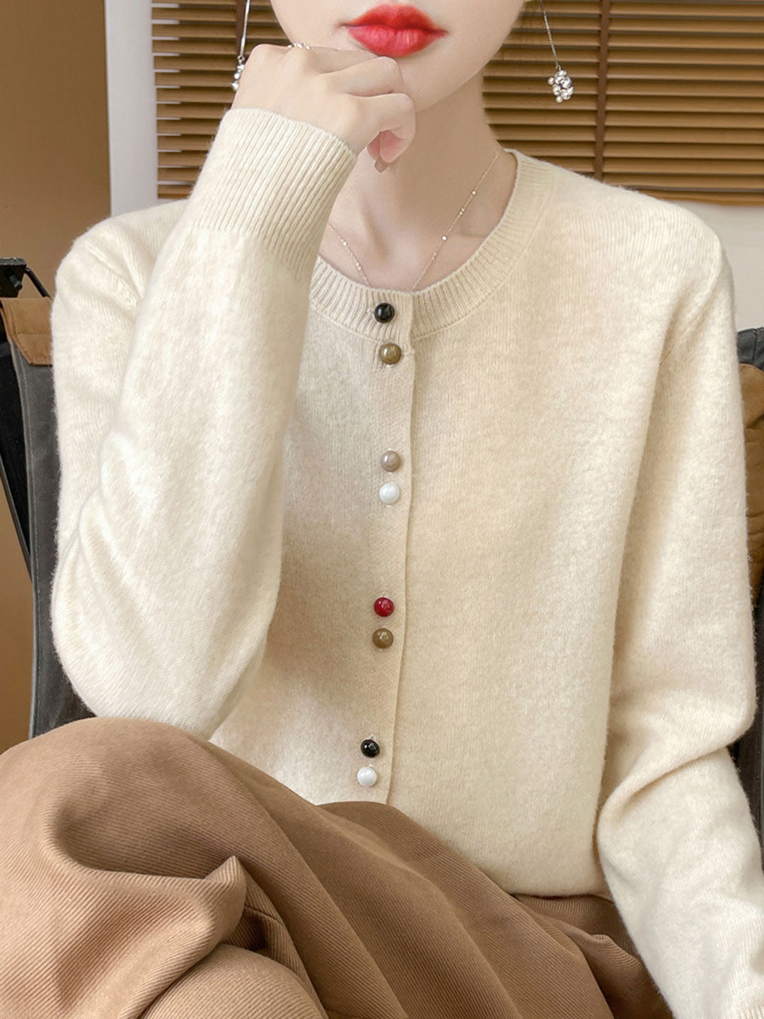 Mya Loose Crew Neck Solid Color Knitted Cardigan-Red