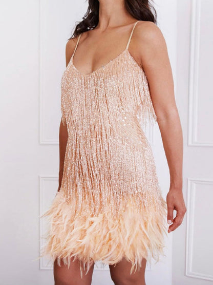Tassel Sequins Feather Splicing Mini&Short Dresses