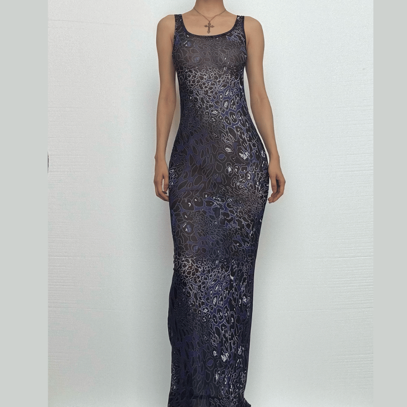 Print u neck hollow out sheer mesh cami cut out maxi dress