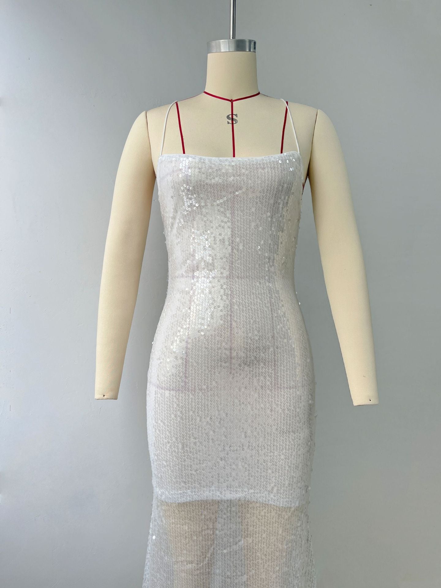 Spaghetti Strap Backless Slip Glitter Maxi Dress