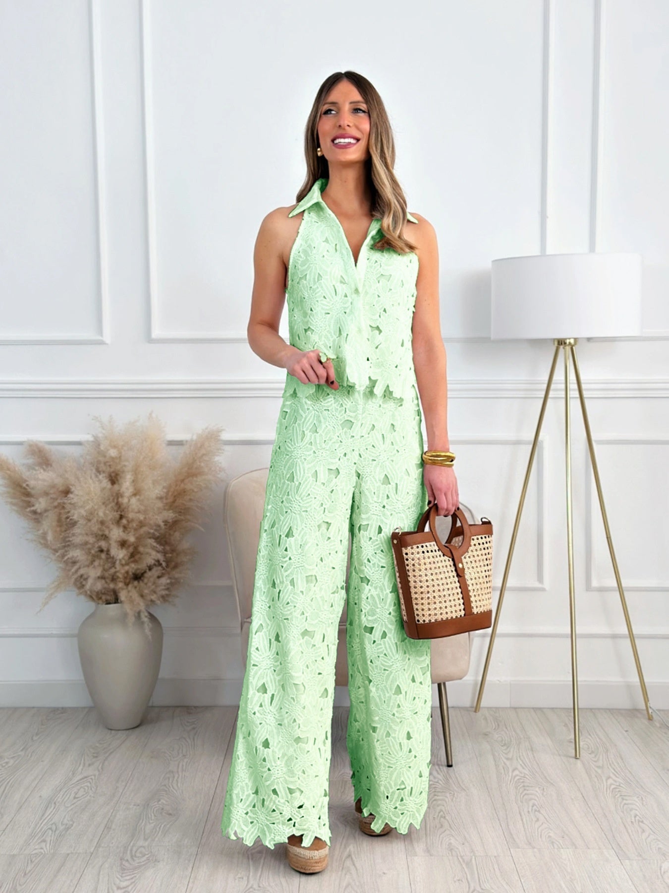 Heavy Embroidered Hollow V-neck Vest Top With Wide-leg Straight Trousers 2-piece Sets