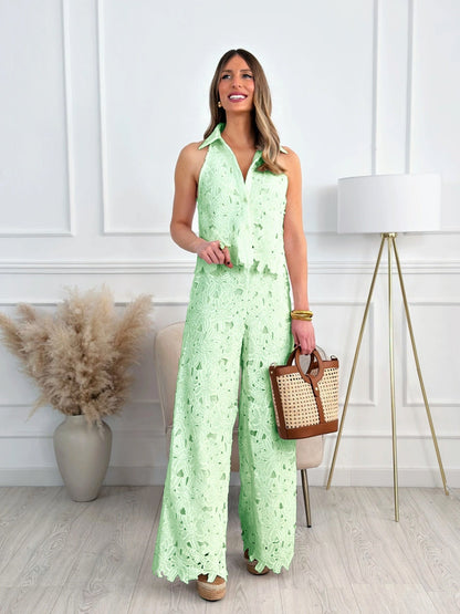 Heavy Embroidered Hollow V-neck Vest Top With Wide-leg Straight Trousers 2-piece Sets