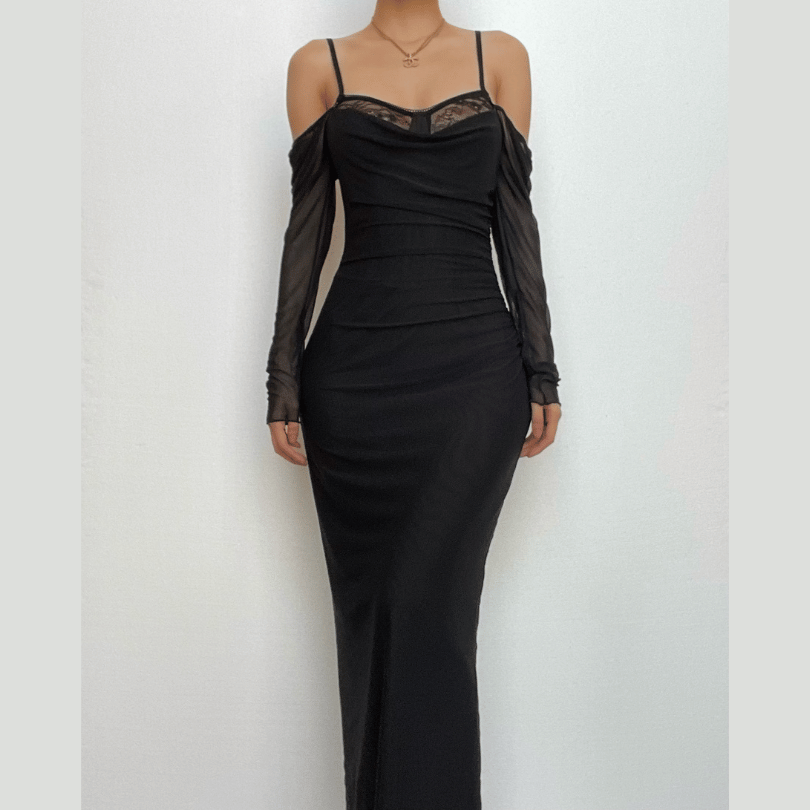 Off Shoulder Mesh Long Sleeve Lace Trim Ruched Maxi Dress