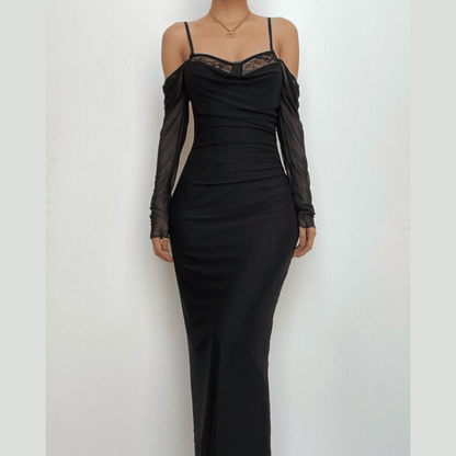 Off Shoulder Mesh Long Sleeve Lace Trim Ruched Maxi Dress
