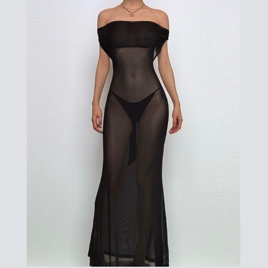 Off shoulder mesh backless maxi dress