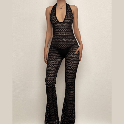 Halter low cut hollow out see through backless jumpsuit-final-sale