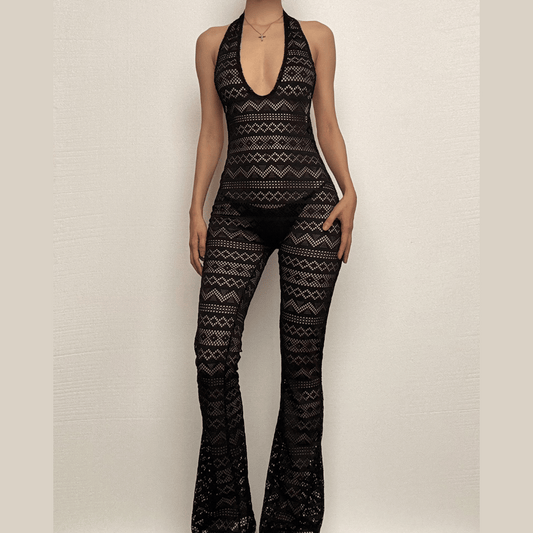 Halter low cut hollow out see through backless jumpsuit-final-sale