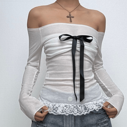 Off shoulder bowknot lace hem mesh long sleeve top