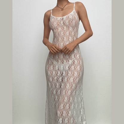 Lace see through hollow out cami cut out maxi dress
