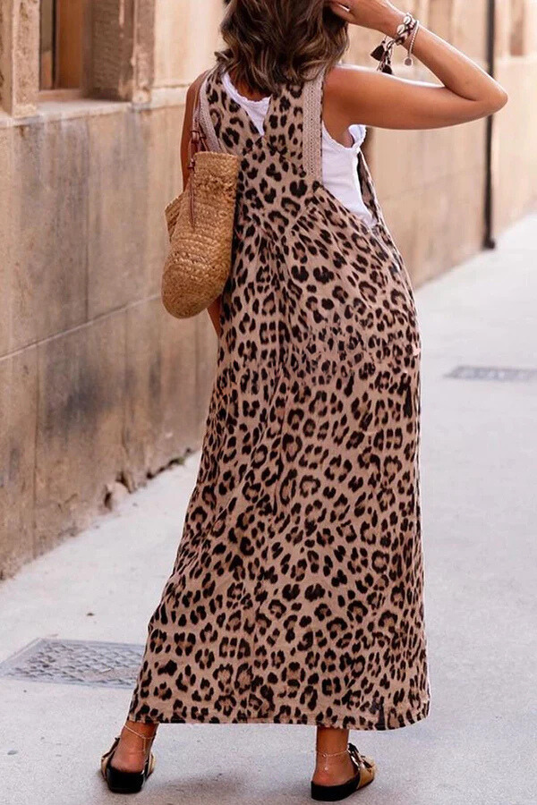 Cool Leopard Print Patchwork Suspender Maxi Dress