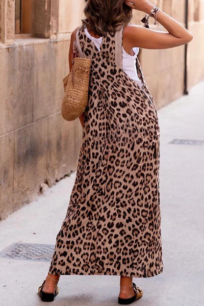 Cool Leopard Print Patchwork Suspender Maxi Dress