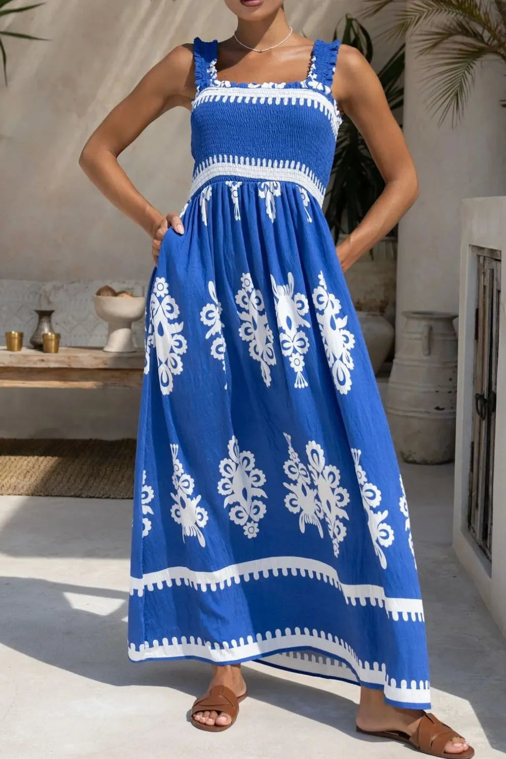 Folk Print Square Neck Smocked Ruffle Strap Empire Waist Maxi Dress