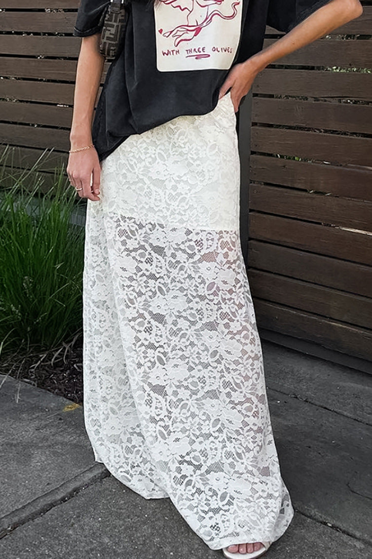 White Lace Sheer High Waist A-Line Skirt