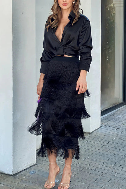 SOLID COLOR HIGH WAIST ELASTIC WAIST PLEAT FRINGED SKIRT