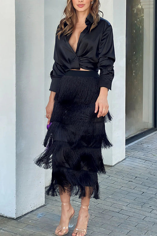 SOLID COLOR HIGH WAIST ELASTIC WAIST PLEAT FRINGED SKIRT