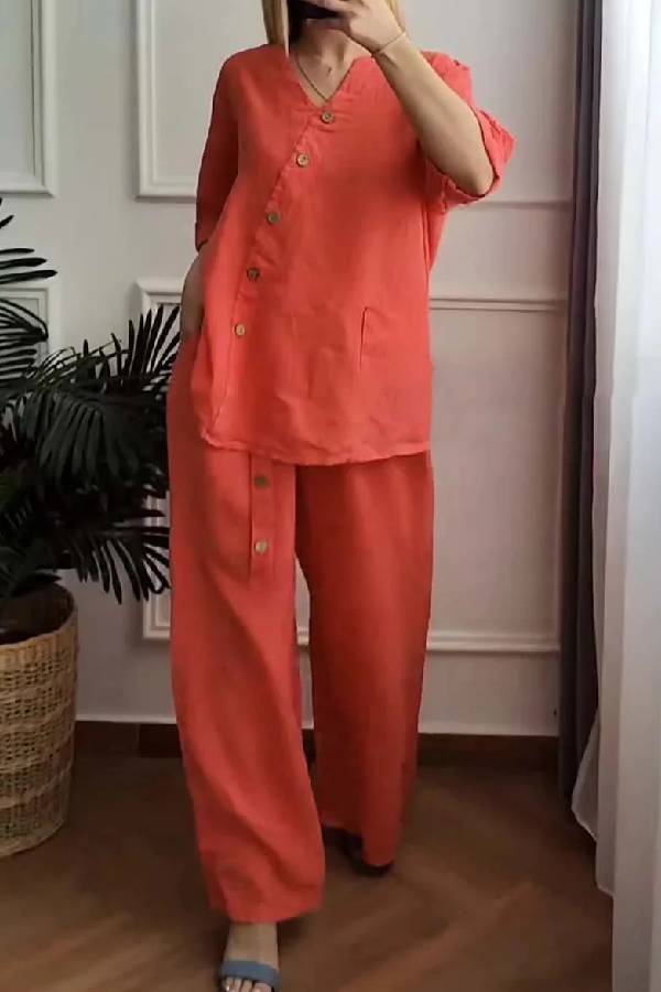 Solid Color Cotton And Linen Cropped Top & Wide Leg Pants Two-Piece Set
