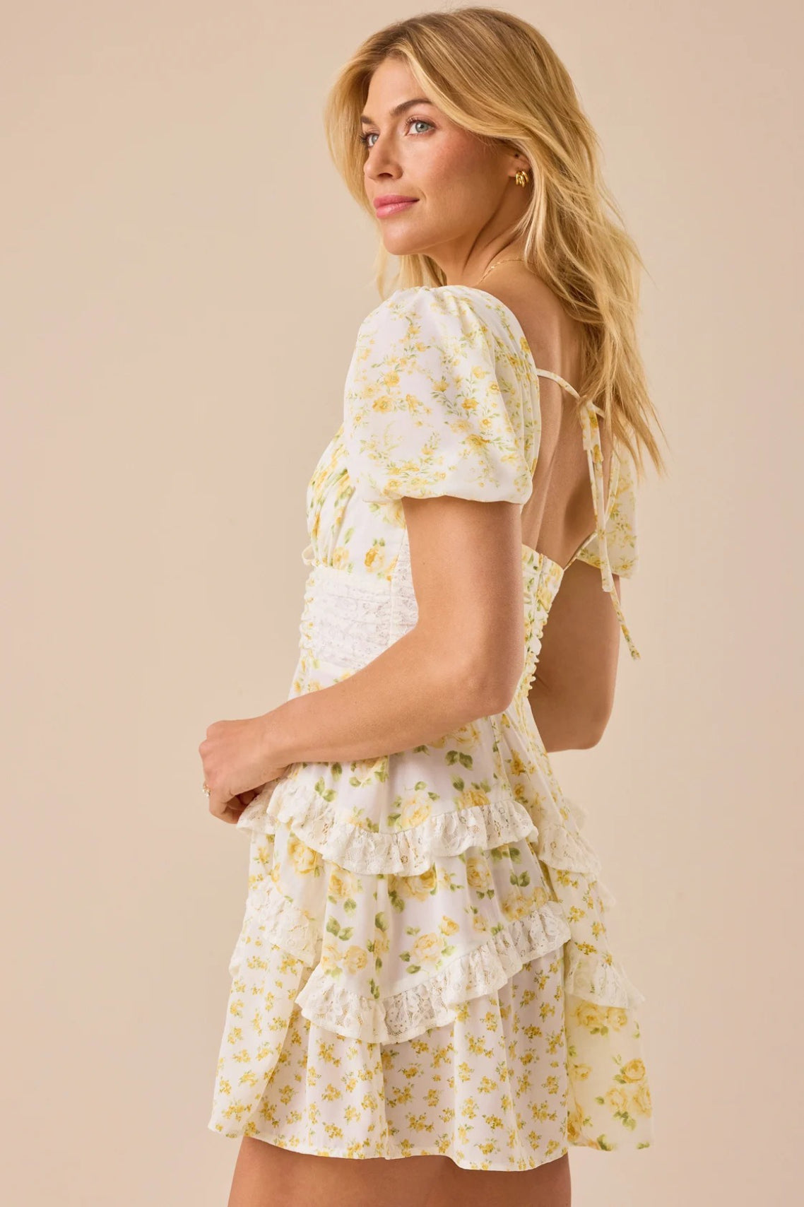 Floral Print Puff Sleeve Lace Smocked Waist Tiered Ruffle Mini Dress