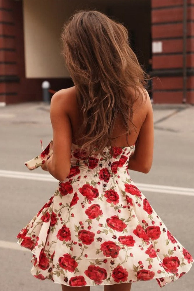 Print Halter Neck Tie Strap Deep V-Neck Backless Mini Dress