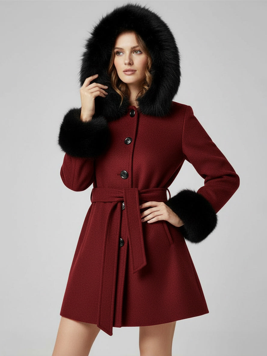 Belted Wool Blend Hooded Coat with black Faux fur cuffs For Women 2026