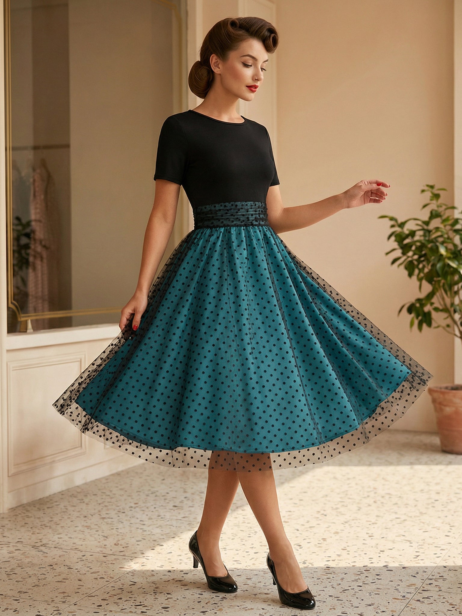 Retro Glamour Dress 1950s Style Jewel Neck Layered Short Sleeves Medium Polka Dot Rockabilly Dress