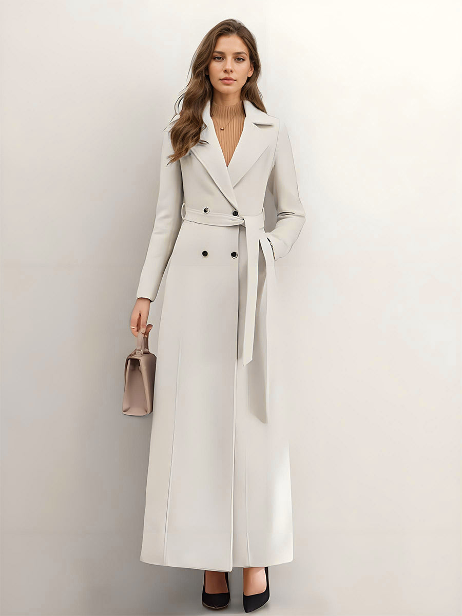 White Longline Woolen Coat Notched Lapel Double Breasted Belted Winter Full Length Outerwear For Women 2026
