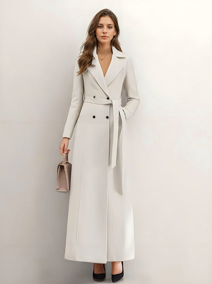 White Longline Woolen Coat Notched Lapel Double Breasted Belted Winter Full Length Outerwear For Women 2026