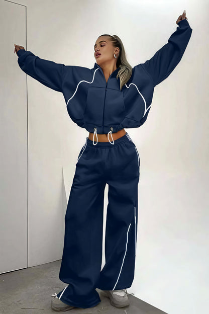 Color Block Striped Hooded Zipper Loose Two Piece Set