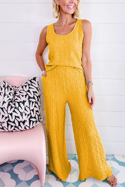 Yellow Crinkled U Neck Tank and Wide Leg Pants Set