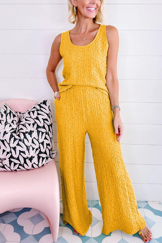 Yellow Crinkled U Neck Tank and Wide Leg Pants Set
