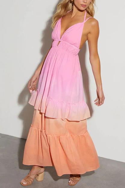 Living for Beach Days Linen Blend Gradient Pocketed Halter Maxi Dress