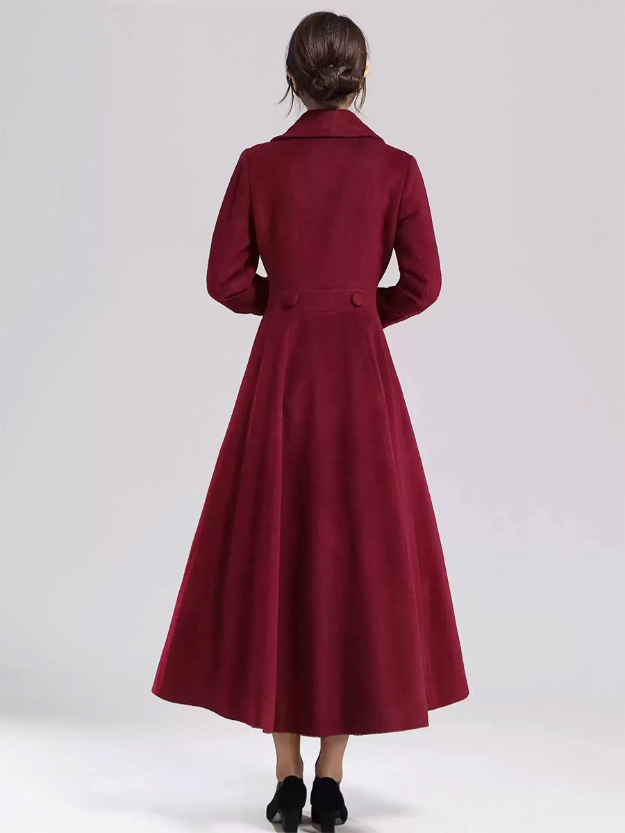 Wool Blend Flared Coat For Women Dark Navy Double-breasted Wide Lapel A-line Winter Outerwear 2026