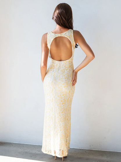 Sleeveless Lace Maxi Dress With Deep V-Neck And Open Back For Summer 2026